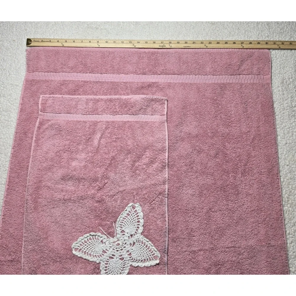 Vintage Cannon Pink Cotton Towel Set Butterfly Crochet Lace Trim Made in USA